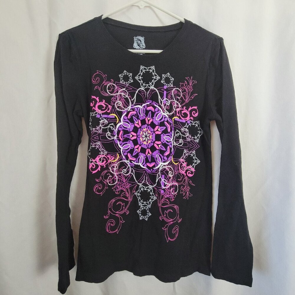 FRZ Tee Long Sleeve Mandala Silver Glitter Twee Lg 12/14 Cotton Quirky Indie Y2K